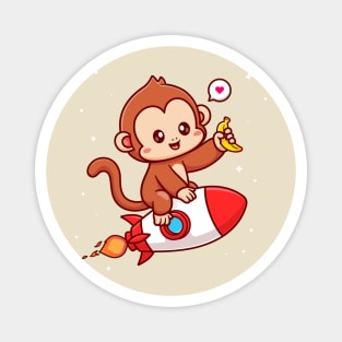 Cute Monkey Riding Rocket And Holding Banana Cartoon Magnet